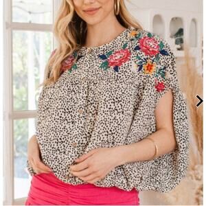 NEW ODDI Bubble Hem Blouse Floral Embroidered Elastic Waist Size 3XL Blouse Top